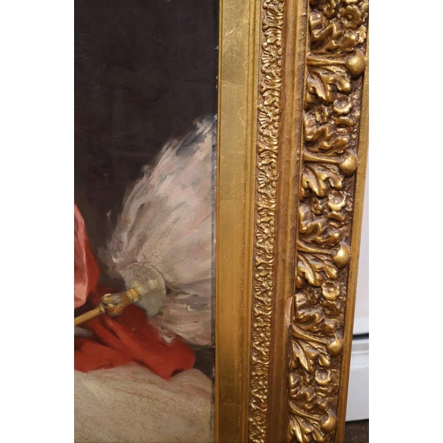 1900s 42" Signed William Henry Hyde Ana Gilded Age Oil Portrait, Socialite in Red Cloak and Ostrich Fan, Antique Gold Frame, Museum Quality For Sale - Image 15 of 18
