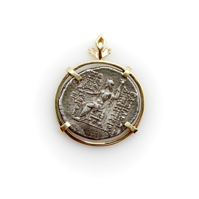 15th Century & Earlier 15th Century Seleukid Kingdom Demetrios II Nikator Sterling Silver Ancient Coin in 14k Gold Pendant For Sale - Image 5 of 10