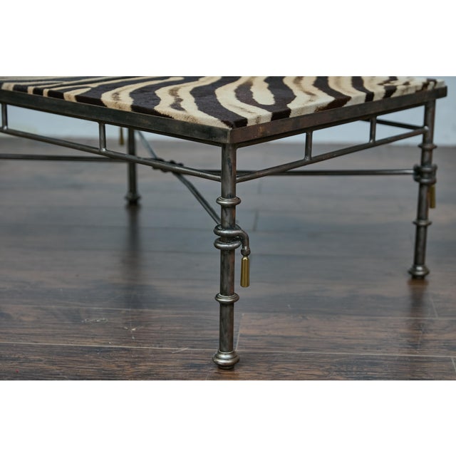 Eclectic Midcentury Zebra Hide Top Metal Coffee Table with Petite Gilt Tassels For Sale - Image 10 of 12