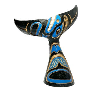 Northwest First Nation Blue Black Hand Carved Painted Formline Whale Tail For Sale