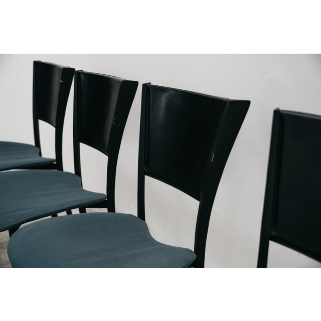 Aqua Vintage Chairs in Black Metal with Leather and Aqua Green Fabric, 1980s, Set of 4 For Sale - Image 8 of 13