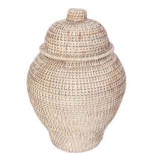 Artifacts Saboga Home Rattan Ginger Jar in White Wash For Sale