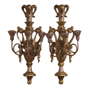 Pair of Mid-Century Italian Carved and Iron Silver Leaf and Gilt Wall Sconces, Mid 20th Century