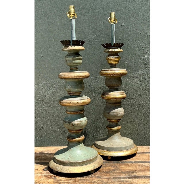 Vintage Italian Gilt Tipped Turned Wood Lamps - Pair For Sale - Image 12 of 17