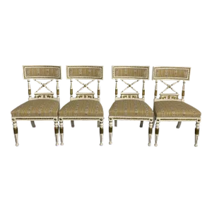 Set of 4 Neoclassical Gustavian Style Chairs, Parcel Gilt and Painted, Sphinx