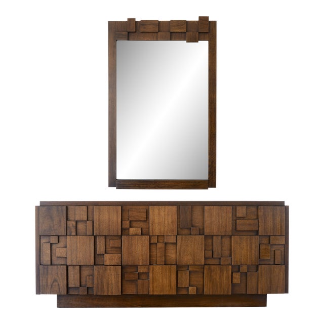 MCM Lane Brutalist Staccato Lowboy Dresser & Mirror Set For Sale