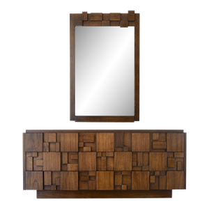 MCM Lane Brutalist Staccato Lowboy Dresser & Mirror Set