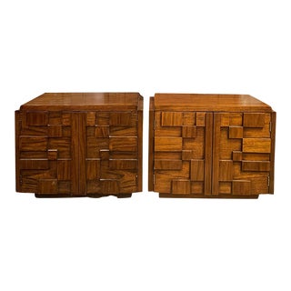 1970s Lane Staccato Brutalist Mid Century Modern Walnut Cabinet Nightstands - a Pair For Sale
