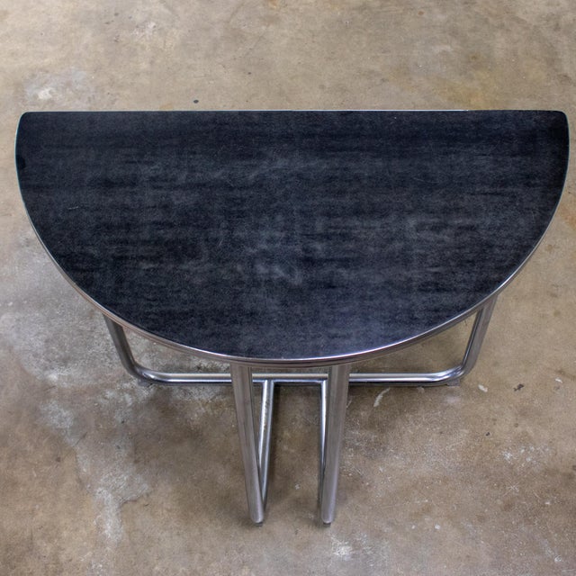 1920-1940’s Art Deco Streamline Moderne Royalchrome Demilune Console Table Chrome Tube Frame & Black Laminate Top For Sale - Image 14 of 18