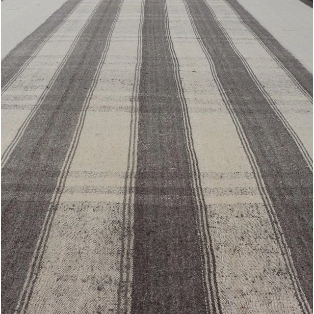 Large Vintage Hand Woven Turkish Kilim Rug With Stripes in Gray, White & Cream For Sale In Atlanta - Image 6 of 12