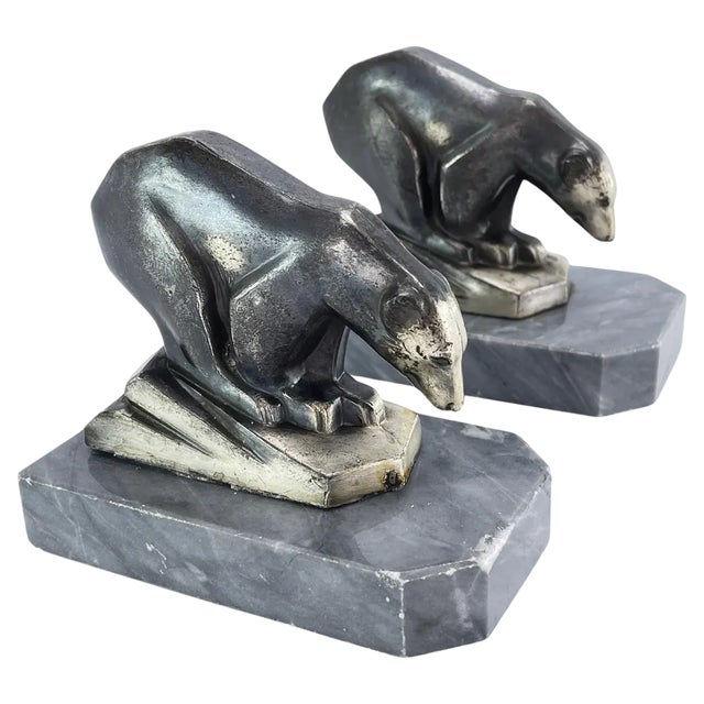 Art Deco Bookends with Polar Bears Marble Base, 1930s, Set of 2 For Sale