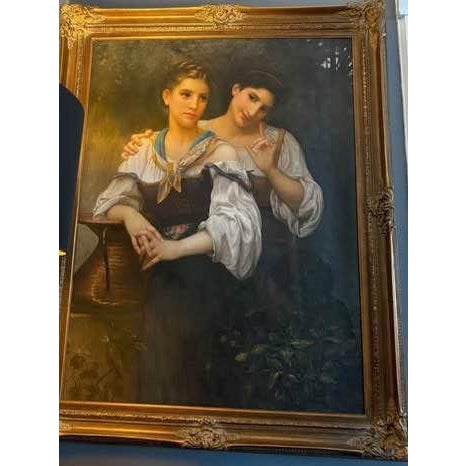 Realism Vintage Reproduction Painting-Oil on Canvas After William-Adolphe Bouguereau,”The Secret”-Beautiful Ornate Frame For Sale - Image 3 of 7
