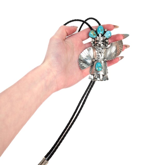 Native American Zuni Sterling Silver & Turquoise Cabochon Kachina Bolo Tie For Sale - Image 3 of 18