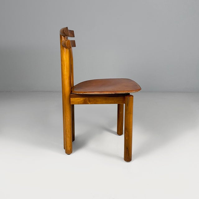 Italian Modern Wood and Brown Leather Chairs by Mobilgirgi, 1970s, Set of 6 For Sale - Image 3 of 18