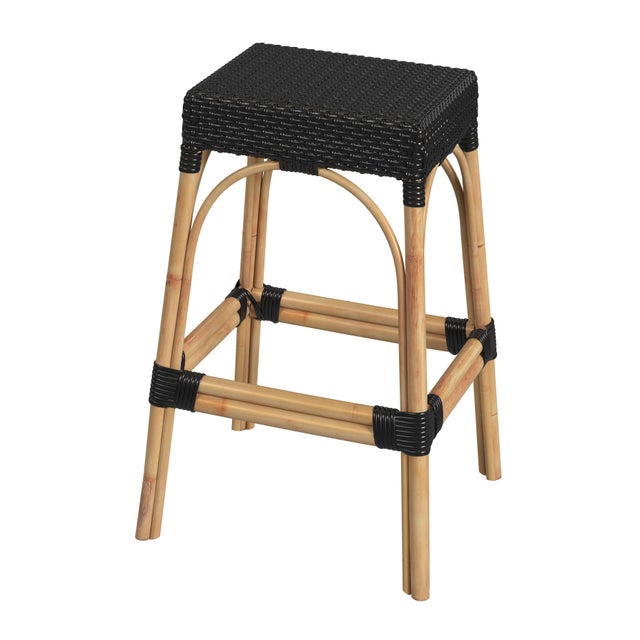 Wood Robias 30 in. Seat Height Rectangular Rattan Backless Bar Stool, Black/ Natural Rattan Frame For Sale - Image 7 of 7