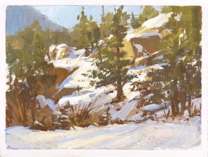 007 - Plein Air-Cathedral Spires, CO, 1/26/22 by Judd Mercer | Gouache Landscape of snowy trees and rocks