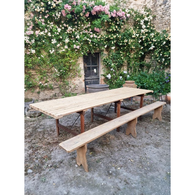 Antique French Folding Garden Table Set with Benches, Pine and Chestnut, 1890s, Set of 3 For Sale - Image 17 of 18