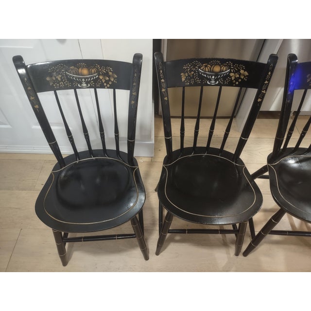 Vintage Nichols & Stone Ebonized Windsor Chairs (4pcs), Hand-Stenciled, Solid Wood For Sale - Image 11 of 15