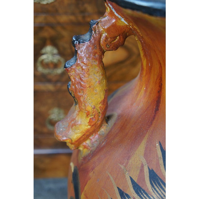 Vintage Terracotta Hand Painted Dragon & Floral Handled Floor Vase Jar Urn For Sale - Image 6 of 12