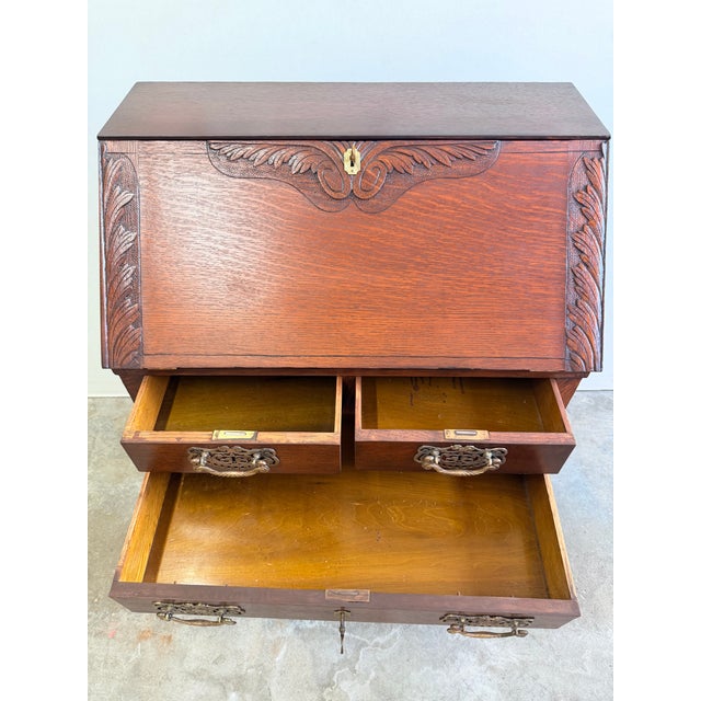 Antique Victorian Slant Front Carved Secretary For Sale - Image 12 of 16
