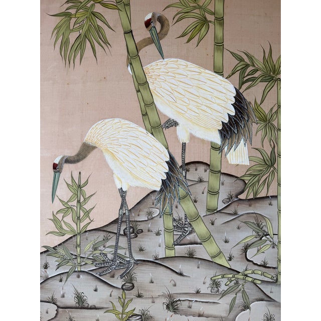Vintage Japanese Red-Crowned Cranes in Bamboo Garden Tropical Landscape Art Painted Silk Scroll For Sale In Miami - Image 6 of 12