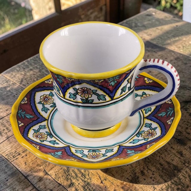 This Vintage Hand Painted Italian Grazia Deruta Cup & Saucer set is a beautiful addition to any table setting. Made in...