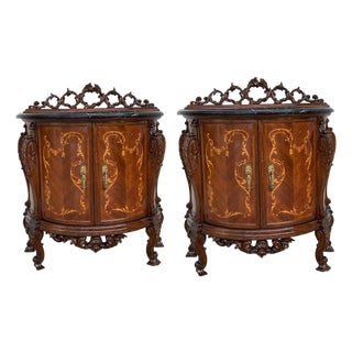 Pair of Carved and Marquetry Nightstands with Two Doors and Hidden Drawer For Sale