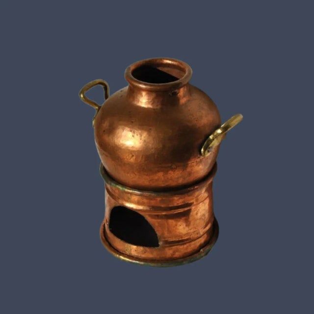 Rustic 1920s Handmade Copper Pot With Burner and Bronze Handles - 2 Pieces For Sale - Image 3 of 12