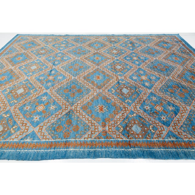 Modern Moroccan Style Hand-Knotted Wool Area Rug in Sky Blue and Terracotta For Sale - Image 9 of 12
