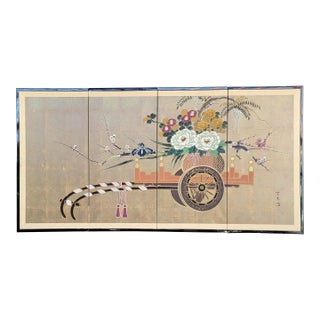 Japanese Folding Screen Flower Cart Showa Period For Sale