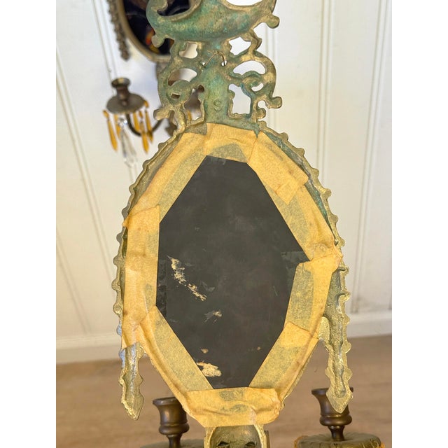 Antique Empire Brass & Stained Glass Crystal Prism Candle Wall Sconces - A Pair For Sale - Image 11 of 11