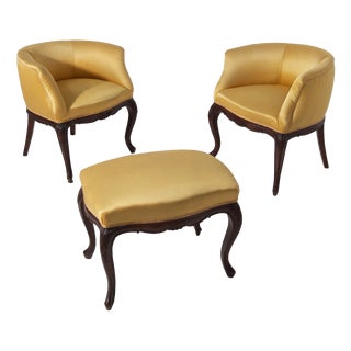 Vintage Bucket Chairs in Yellow Satin Fabric with Ottoman, 1950, Set of 3 For Sale