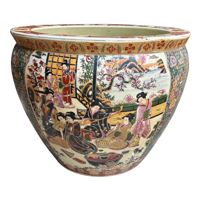 Vintage Large Chinoiserie Chinese Famille Rose Fish Bowl Planter With Courtyard Scene & Goldfish Interior, C. 1950s For Sale