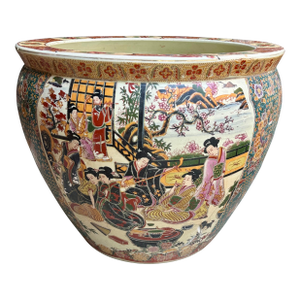 Vintage Large Chinoiserie Chinese Famille Rose Fish Bowl Planter With Courtyard Scene & Goldfish Interior, C. 1950s