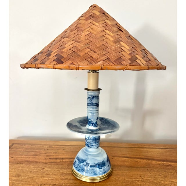 Blue Rewired 1950s Japanese Porcelain Candelabra Table Lamp With Wicker Shade For Sale - Image 8 of 8