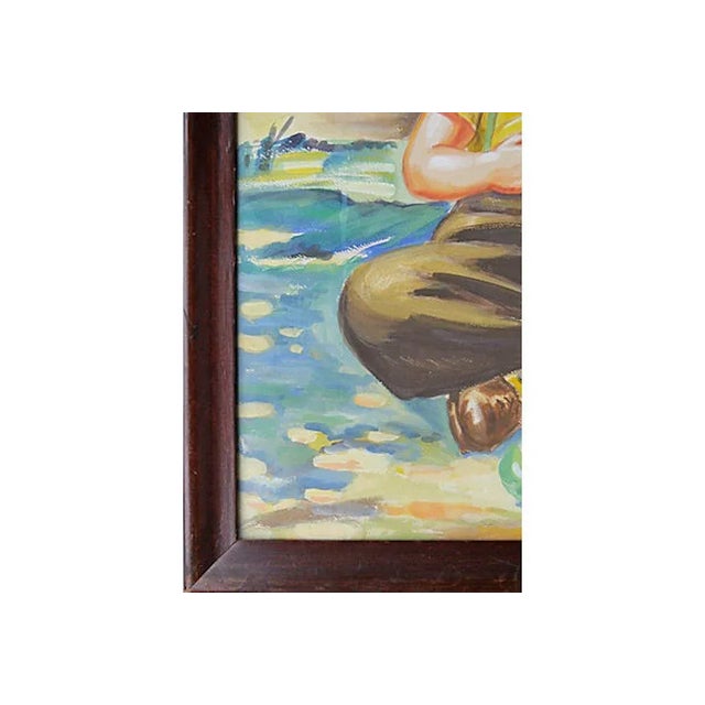 C.1940s Boy Eating Green Apples Watercolor For Sale - Image 4 of 9