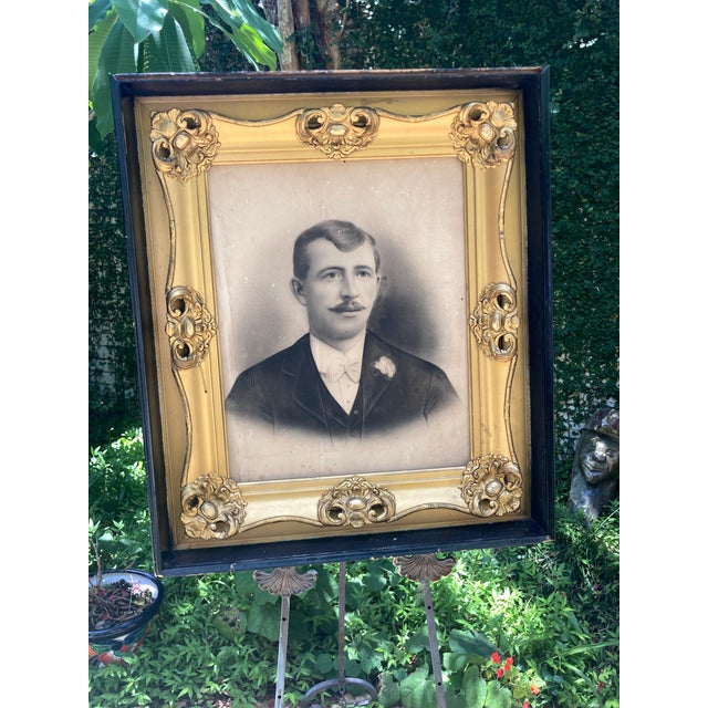 Wood Large Antique Gold Frame With Antique Print of a Distinguished Man For Sale - Image 7 of 11