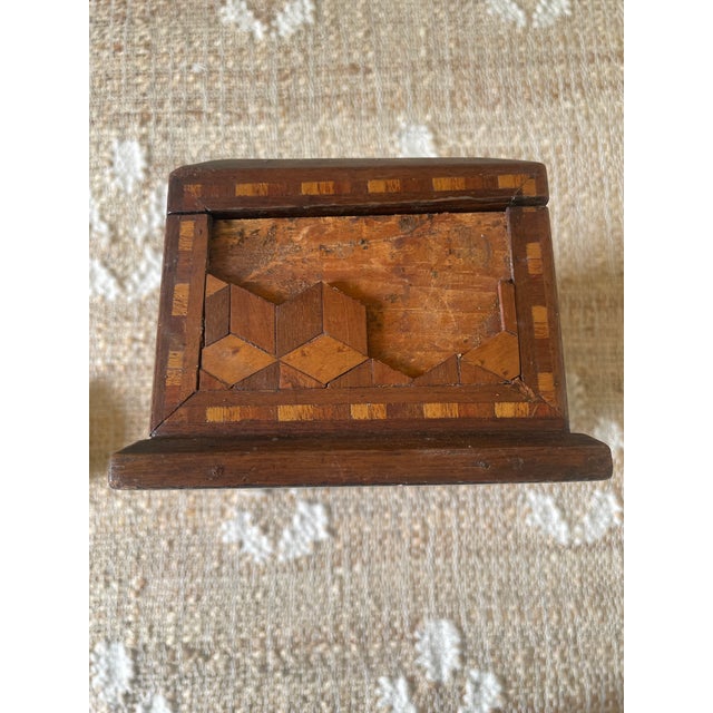 Antique Rectangle Intricate Parquetry Wooden Jewelry Desk Dresser Box For Sale In Chicago - Image 6 of 11