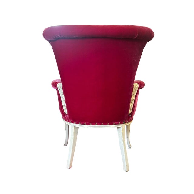 French Vintage Louis XV Style Wingback Bergère Chair in Ruby Velvet With Carved Distressed Frame For Sale - Image 3 of 10
