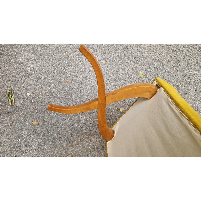 1940s Bench with Light-Colored Crossed Wooden Legs and Yellow Fabric Seat, 1940s For Sale - Image 5 of 10