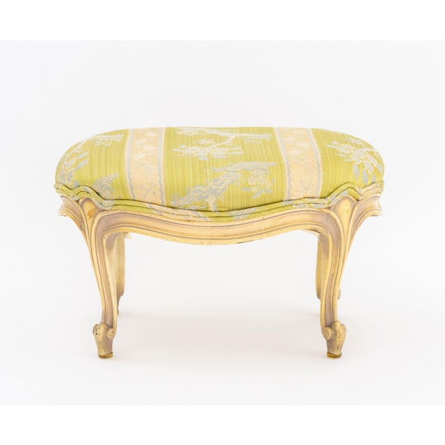 Louis XV Style Silk Brocade Upholstered Foot Stool, in green floral pattern on white painted frame on cabriole legs....