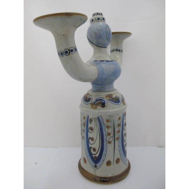 Ceramic Ken Edwards El Palomar Blue Tonala Mexico Folk Figural Pottery 2 Arm Candelabra For Sale - Image 7 of 11