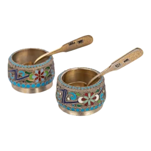 Antique Pair of Russian Silver Gilt Enamel Cloisonné Salts Spoons St. Petersburg - 4 Pieces