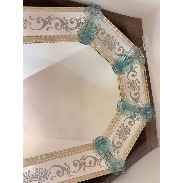 Italian Venetian Octagonal Wall Mirror Hand-Carved in Murano Glass With Ligh-Blue Flowers For Sale - Image 3 of 6