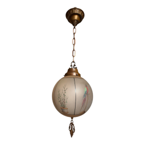 Rare Early 1900’s Handel Painted Globe Pendant With Birds and Foliage
