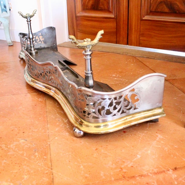 19th Century Antique English Polished Steel and Brass Open Frieze Fender With Built in Tool Rests For Sale - Image 5 of 13