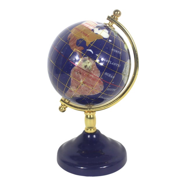 Vintage Gemstone Globe Lapis Lazuli and Semi Precious Stones Desk Top Small Office Decor, Collector Gift For Sale