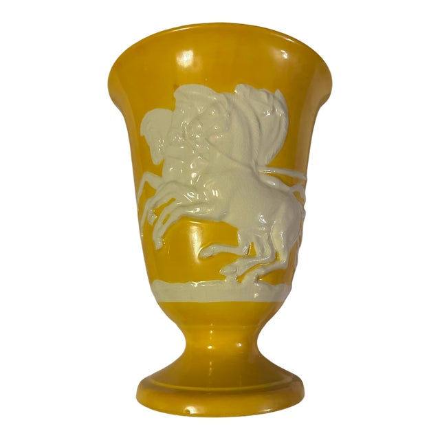 Vintage Yellow Pottery Vase With White Relief Design For Sale