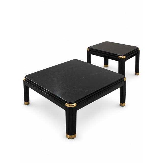 Vintage Postmodern Black Marble-Look Coffee and Side Tables With Brass Accents — Set of 2 For Sale - Image 9 of 12
