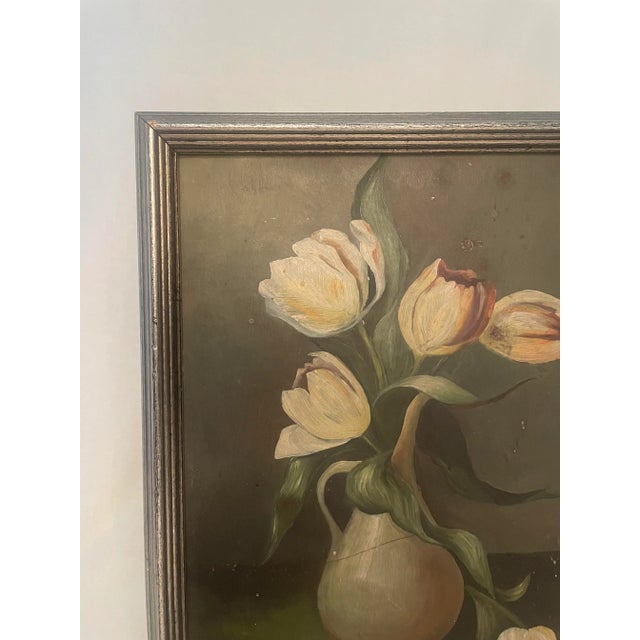 Silver Antique Dutch Renaissance Floral Still Life Original Framed Oil Painting on Tin in Silver, White, Blush For Sale - Image 8 of 12